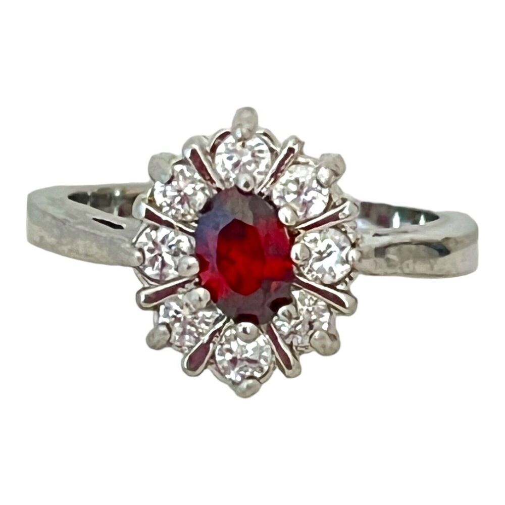 Vintage 1980s Garnet Color Ring Cubic Zirconia Halo Silver Tone Size 7 - 5V